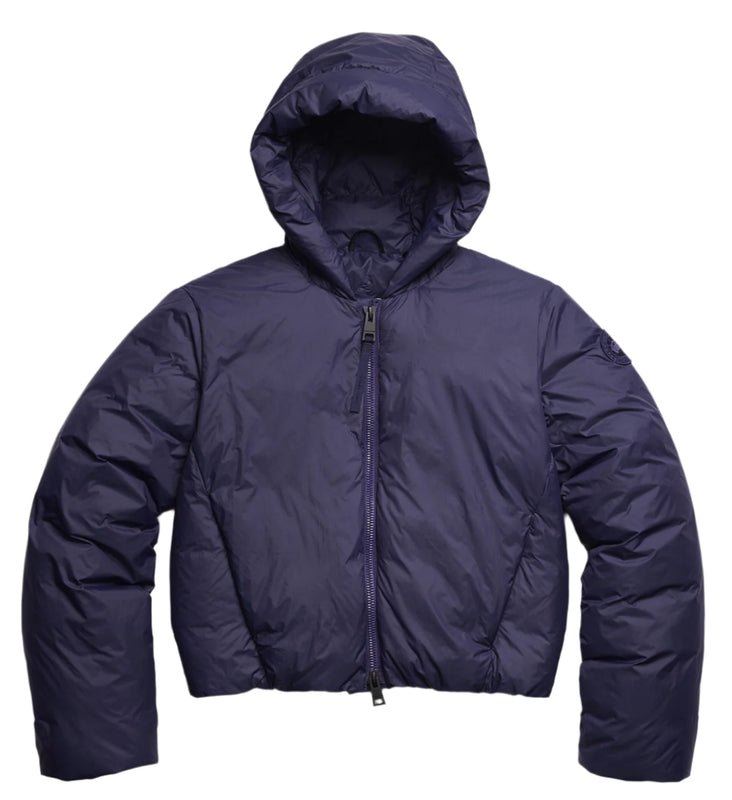 Navy, hooded, puffy down jacket with a front zipper.