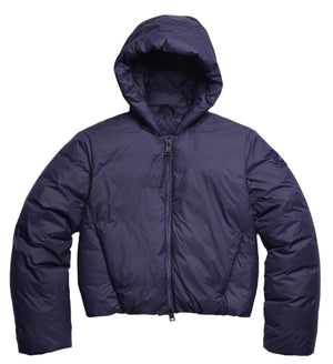 Navy, hooded, puffy down jacket with a front zipper.