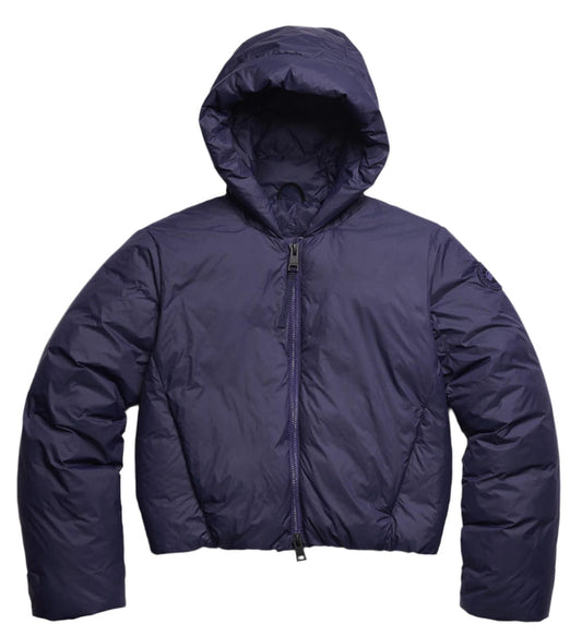 Navy, hooded, puffy down jacket with a front zipper.