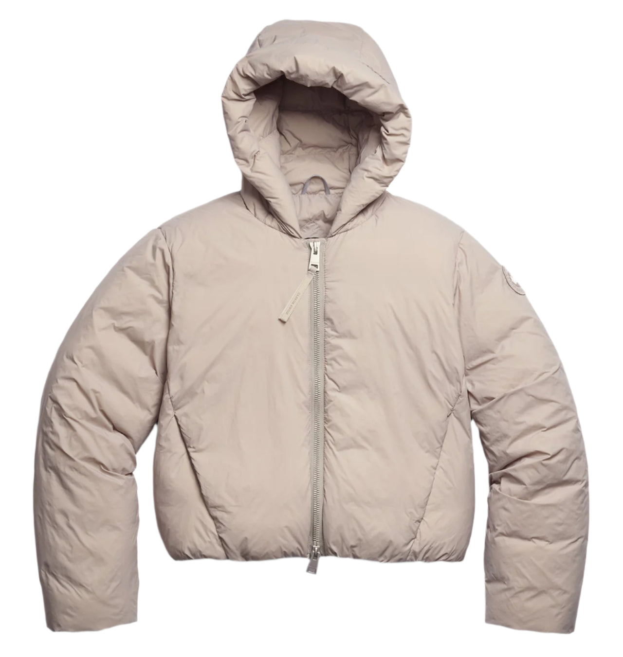Beige cropped puffer jacket with a hood and a front zipper.