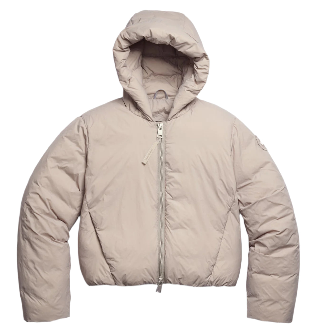 Beige cropped puffer jacket with a hood and a front zipper.