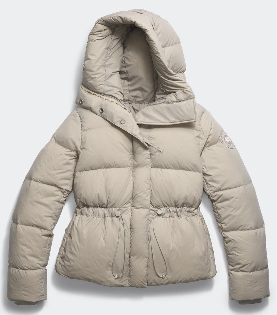 Beige down puffer jacket with hood and drawstring waist.