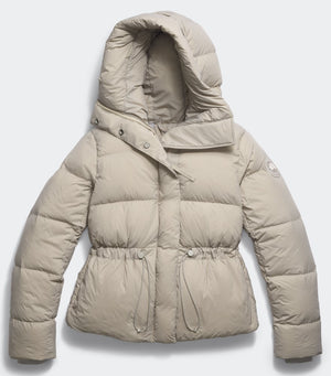 Beige down puffer jacket with hood and drawstring waist.