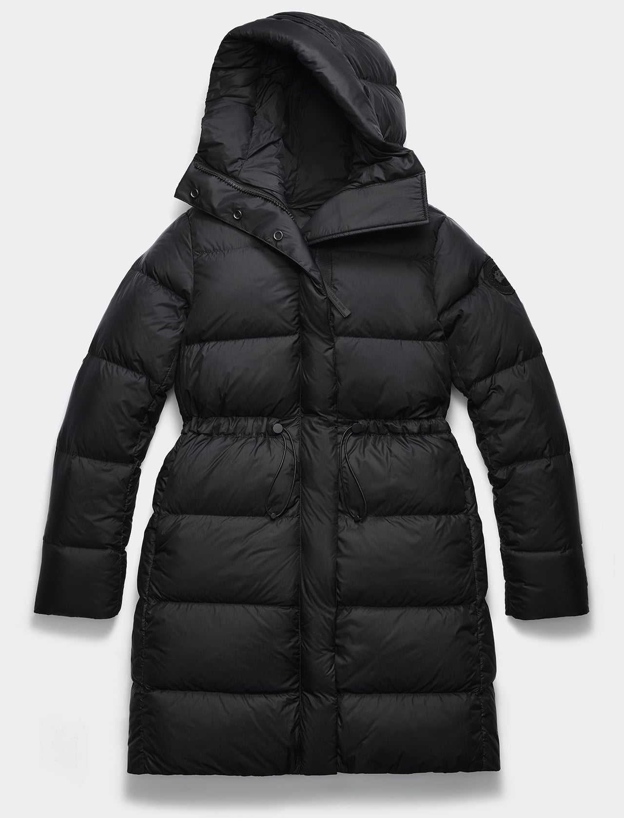 Black, quilted, down puffer coat with a hood and drawstring waist.