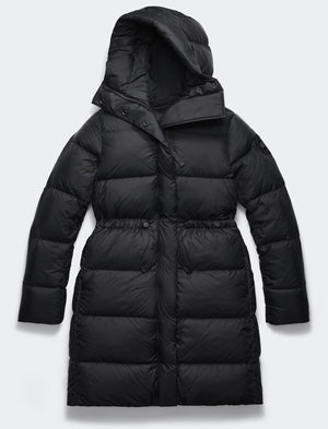 Black, quilted, down puffer coat with a hood and drawstring waist.
