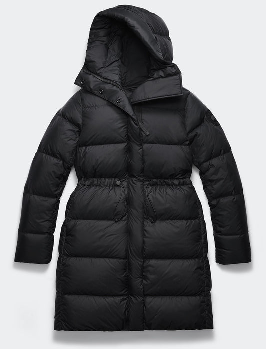 Black, quilted, down puffer coat with a hood and drawstring waist.
