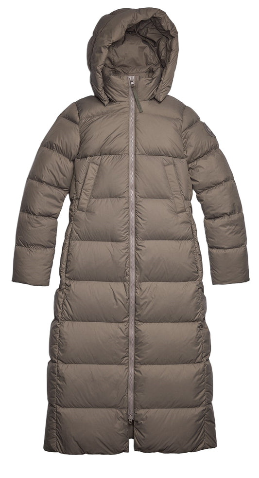 Full length, straight, hooded puffer coat in taupe with vertical stitched rectangular baffles.