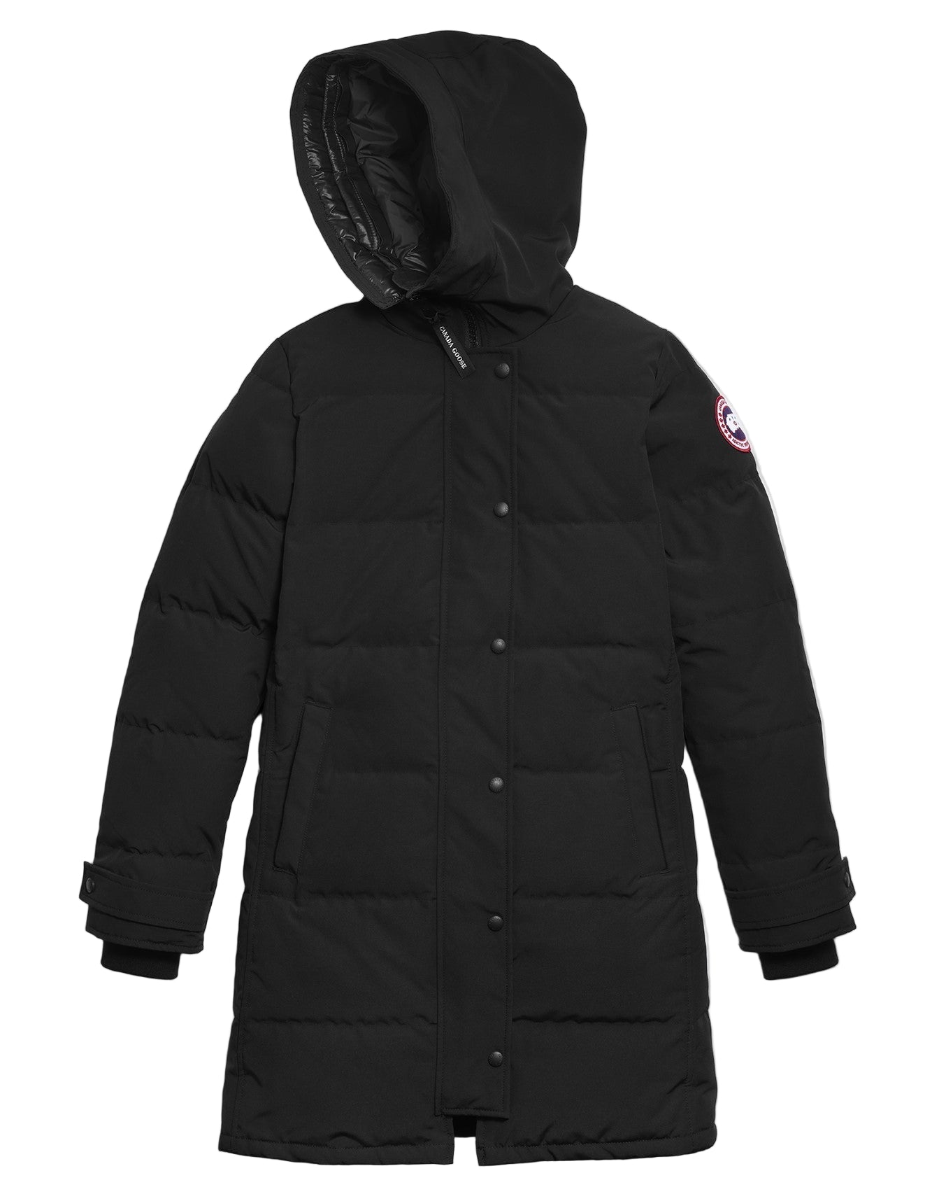 Black padded long coat with hood and logo patch on shoulder