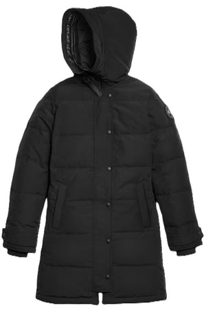 A black, knee-length, hooded down parka featuring a front zipper covered by a buttoned storm flap, side pockets, ribbed cuffs, and a circular emblem on the left sleeve.