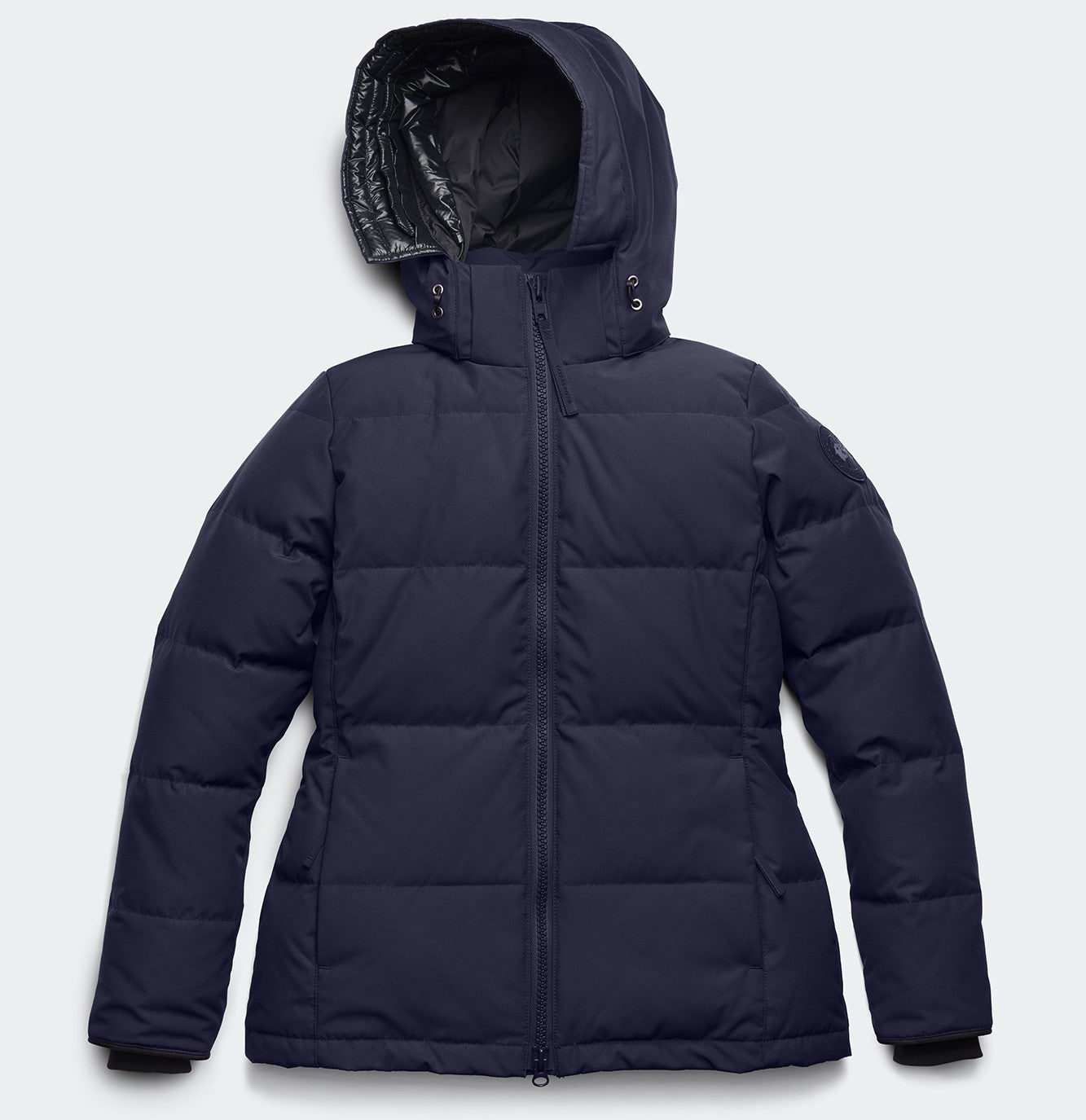 Navy blue puffy down jacket with hood.