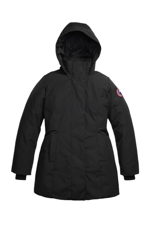 Black hooded parka with the logo on the left arm.