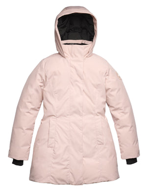 Light pink, hooded, winter parka with black cuffs and hood lining.