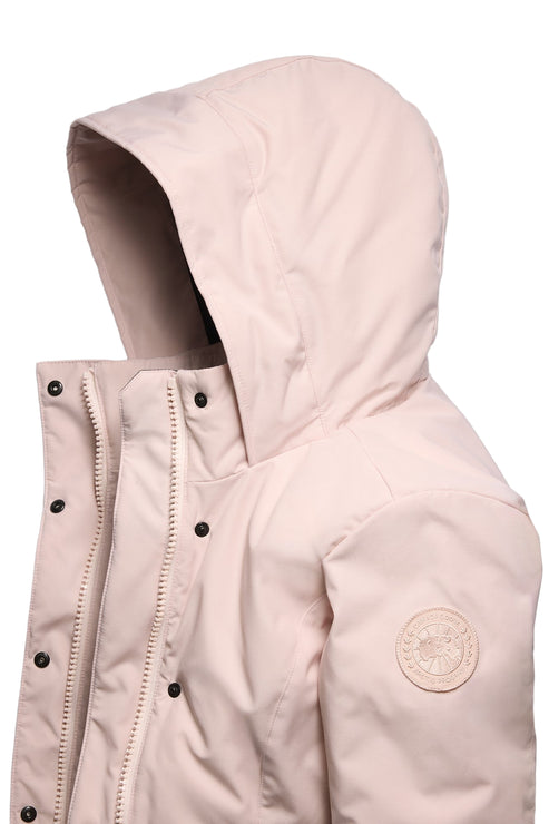 Light pink hooded parka with buttons.