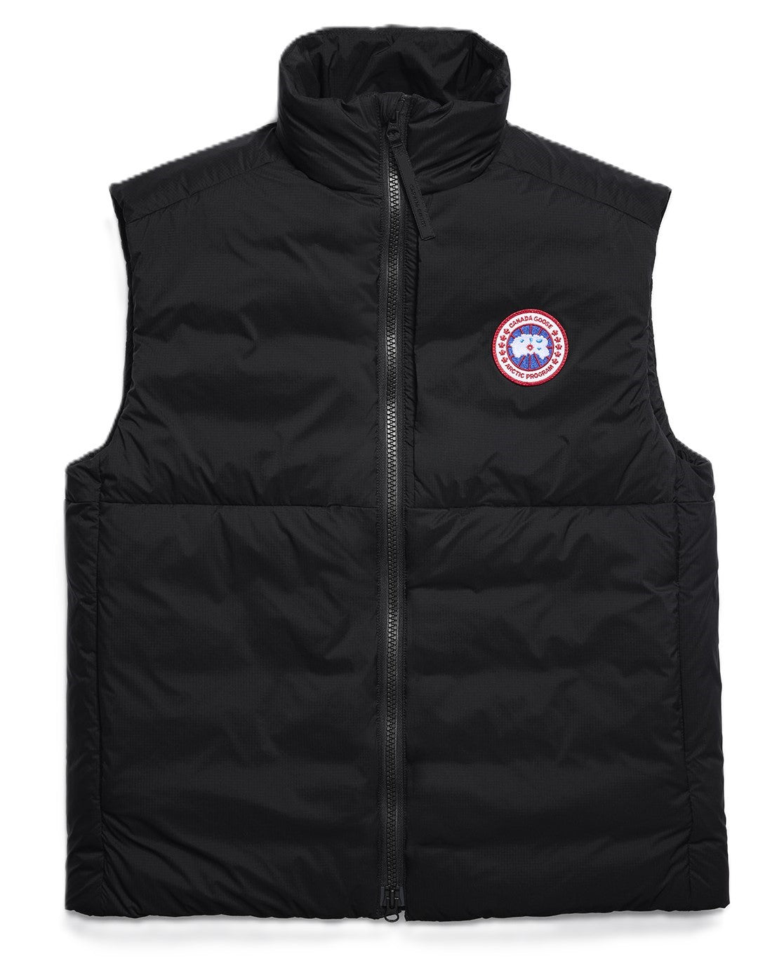 A black down-filled vest with a high collar and a circular patch on the chest.