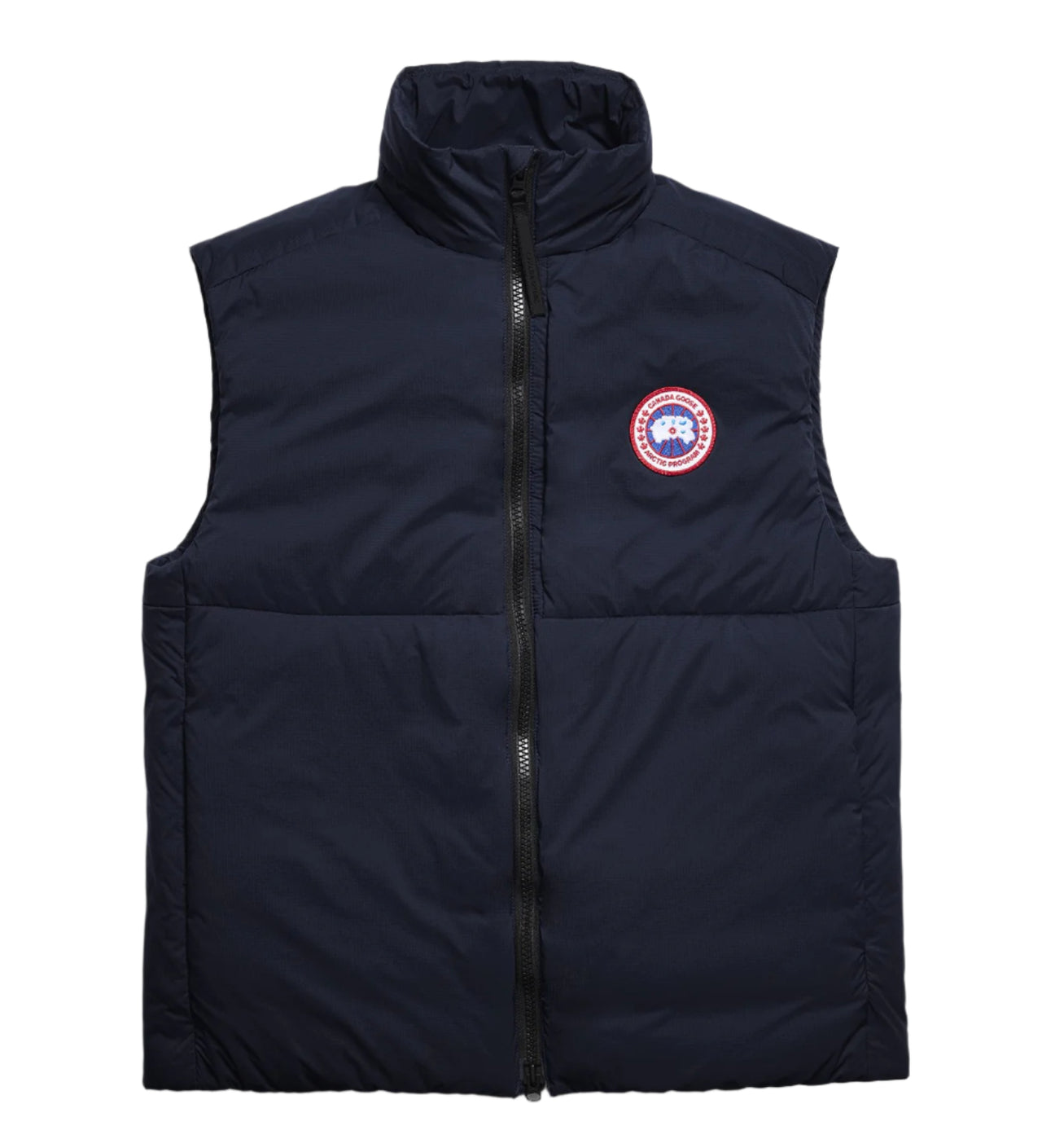 Navy vest with a centered zipper and a round badge logo.