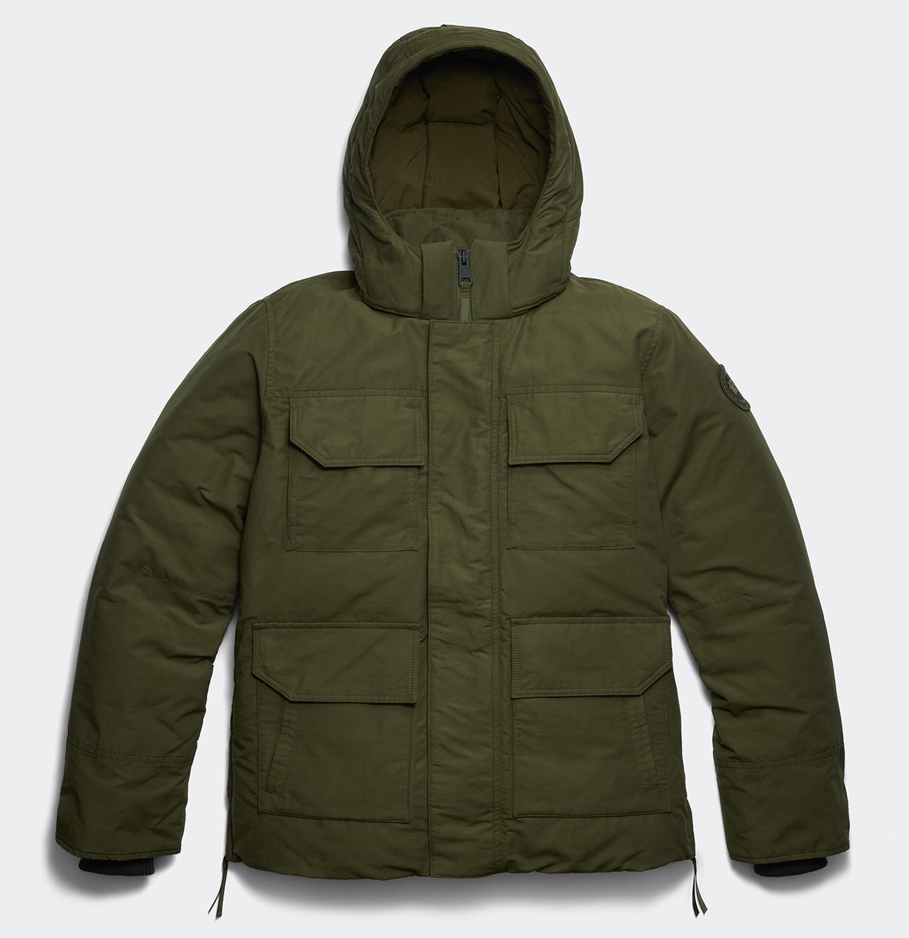 Olive-green hooded puffer jacket with pockets.
