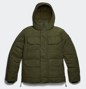 Olive-green hooded puffer jacket with pockets.