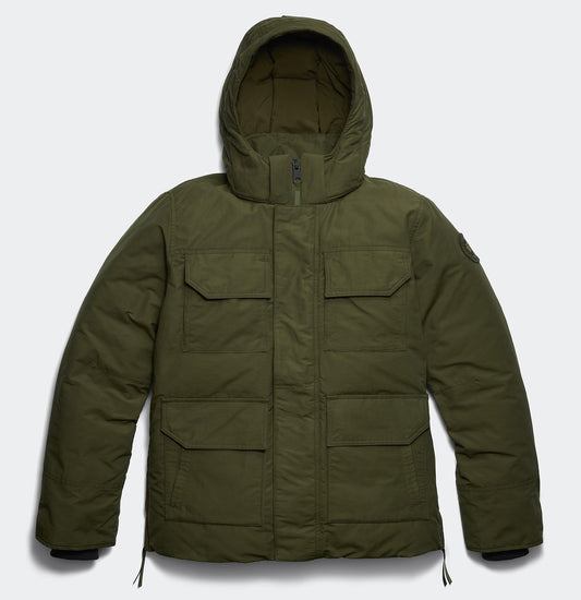 Olive-green hooded puffer jacket with pockets.