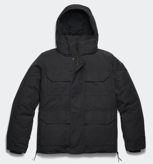 Black hooded winter coat with multiple pockets.