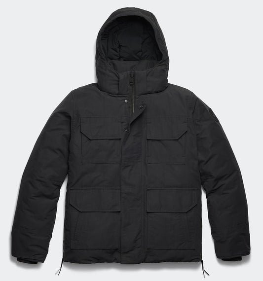 Black hooded winter coat with multiple pockets.