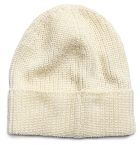 Off-white knit beanie with a folded brim.
