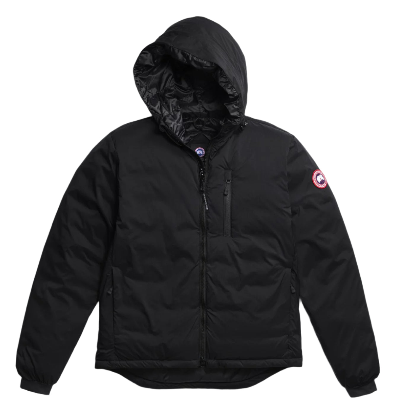Black hooded puffer jacket with the Canada Goose logo patch on the left arm.