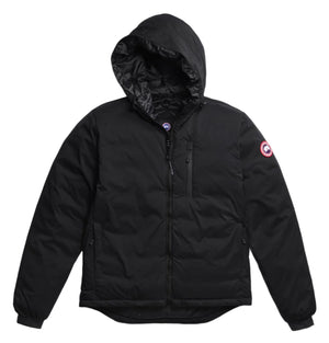 Black hooded puffer jacket with the Canada Goose logo patch on the left arm.