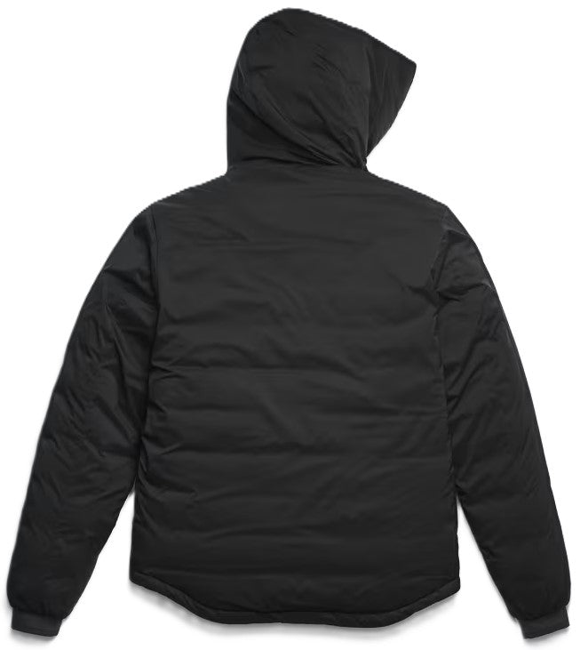 The back view of a black, hooded, quilted puffer jacket with long sleeves and ribbed cuffs.