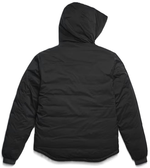 The back view of a black, hooded, quilted puffer jacket with long sleeves and ribbed cuffs.