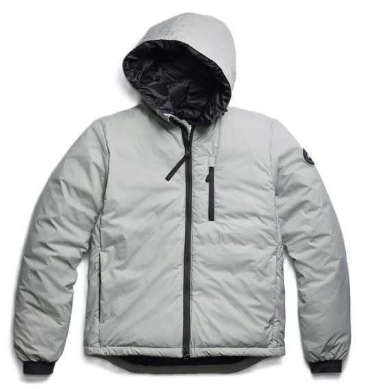 Gray hooded puffer jacket with a black interior and zipper.