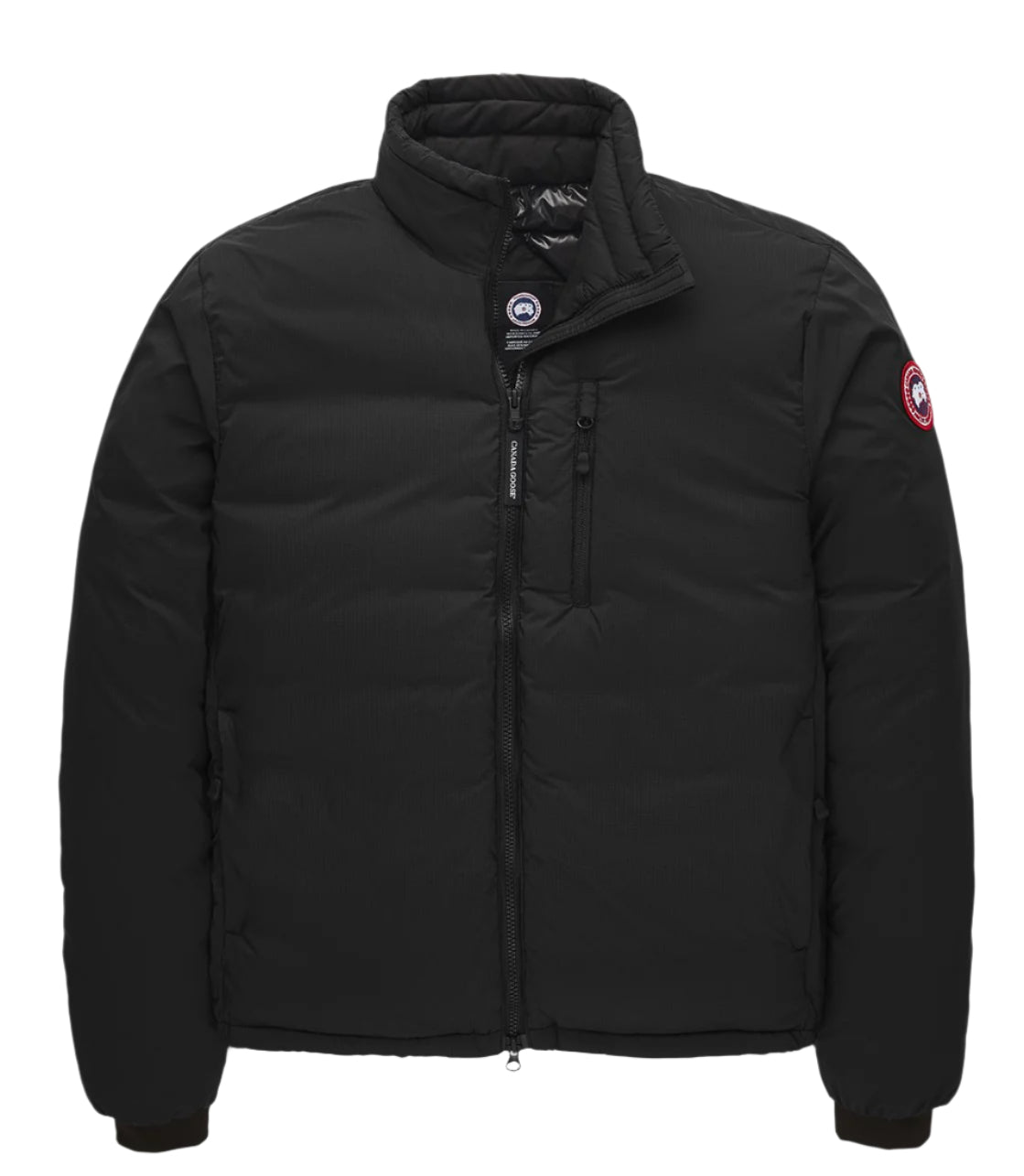 Black down puffer jacket with stand collar and zip closure, with logo patch on left arm.