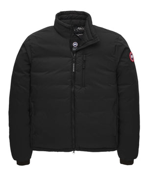 Black down puffer jacket with stand collar and zip closure, with logo patch on left arm.
