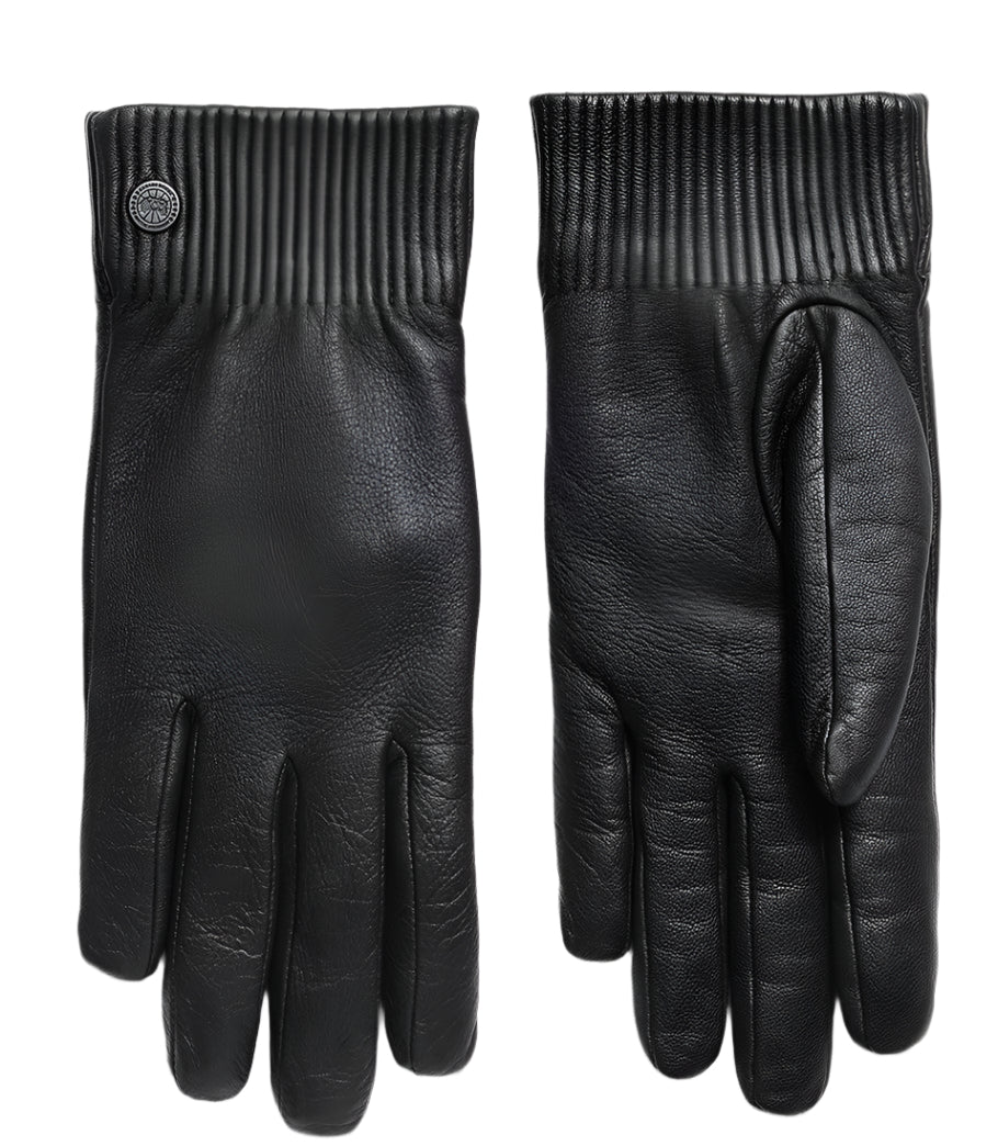 Two black leather gloves with ribbed cuffs.