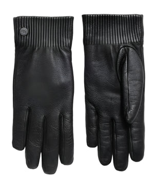 Two black leather gloves with ribbed cuffs.