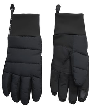 A pair of black winter gloves, one showing the padded top and the other showing the palm, with a logo that says "CANADA GOOSE".