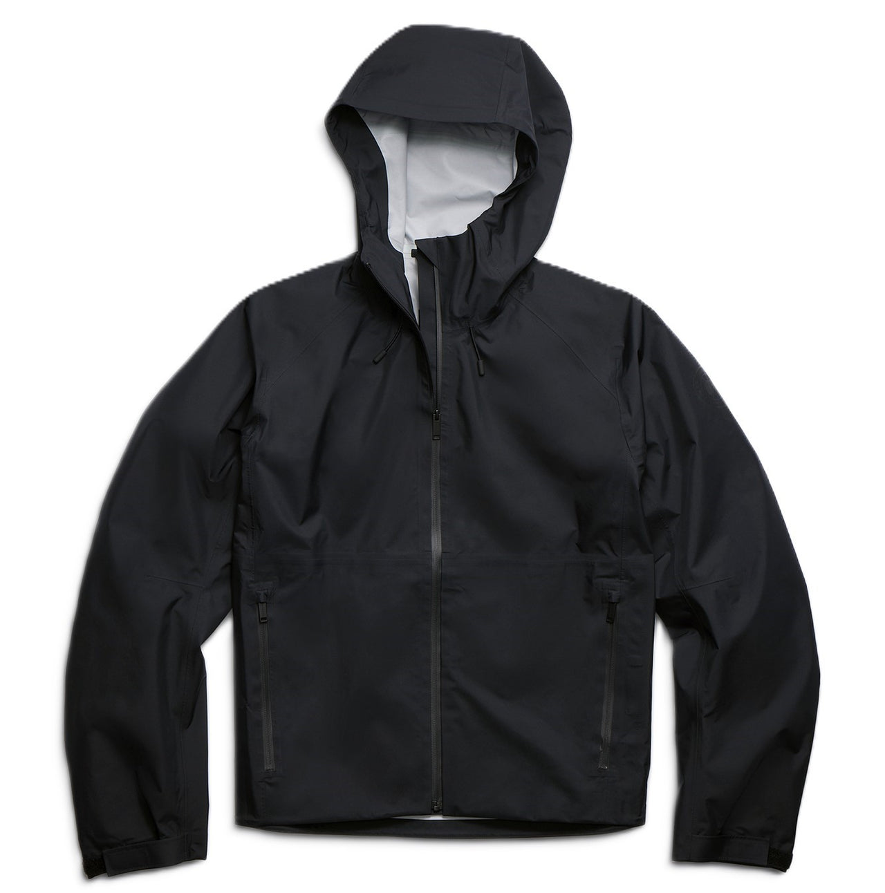 Black hooded jacket with a full-length zipper and pockets.