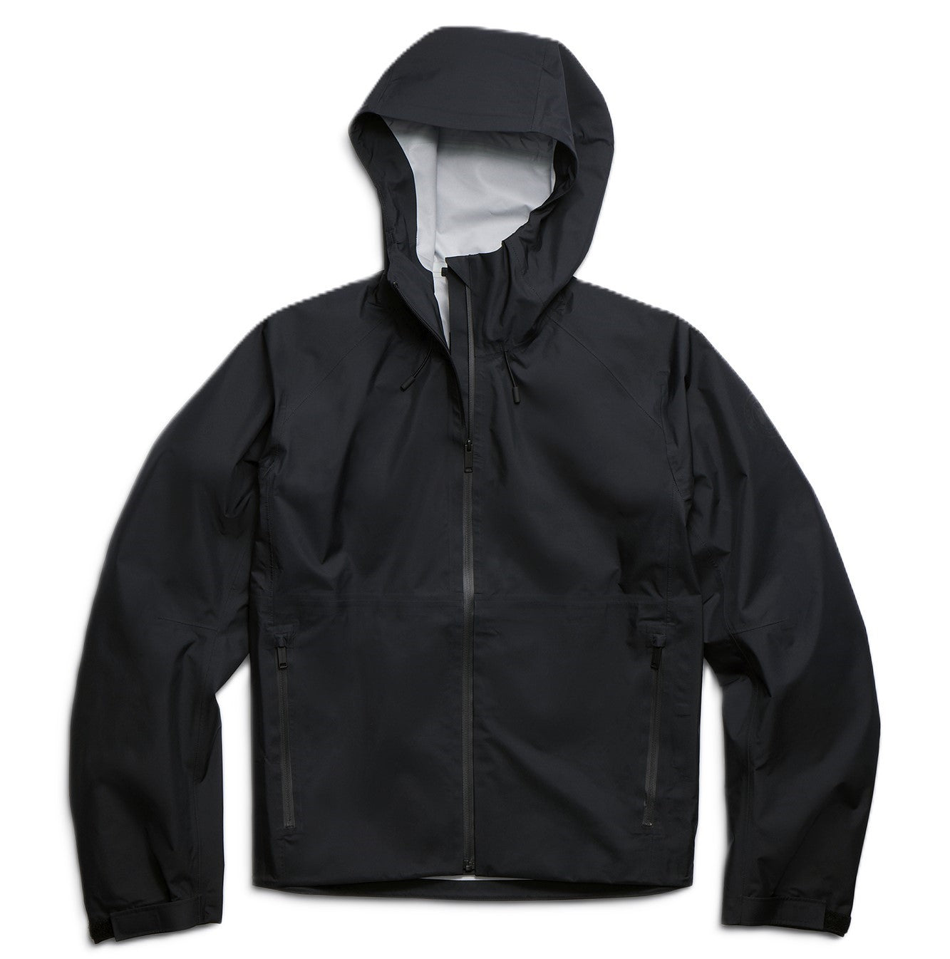 Black hooded jacket with a full-length zipper and pockets.