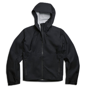 Black hooded jacket with a full-length zipper and pockets.