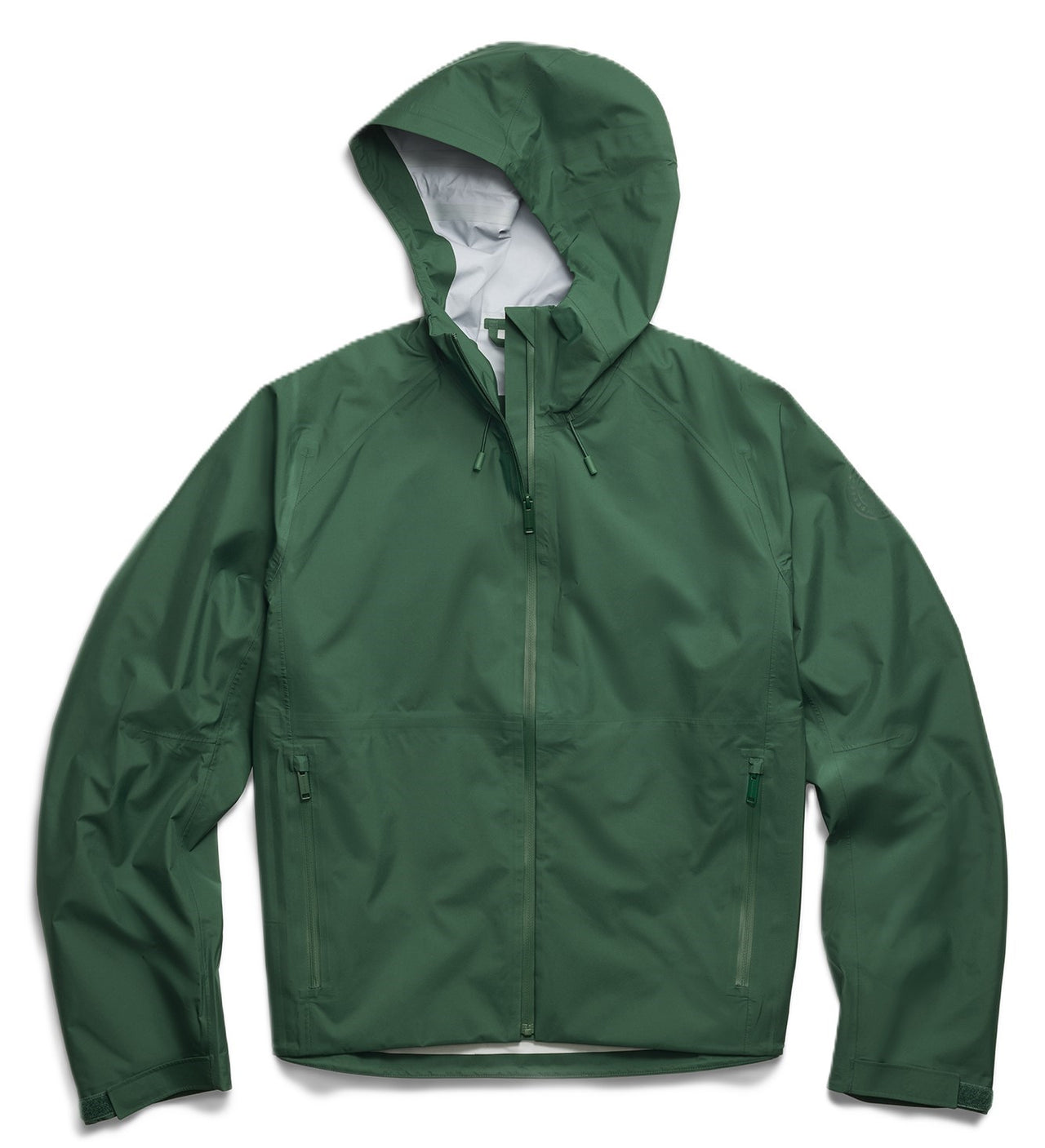 Green hooded rain jacket with zipper.