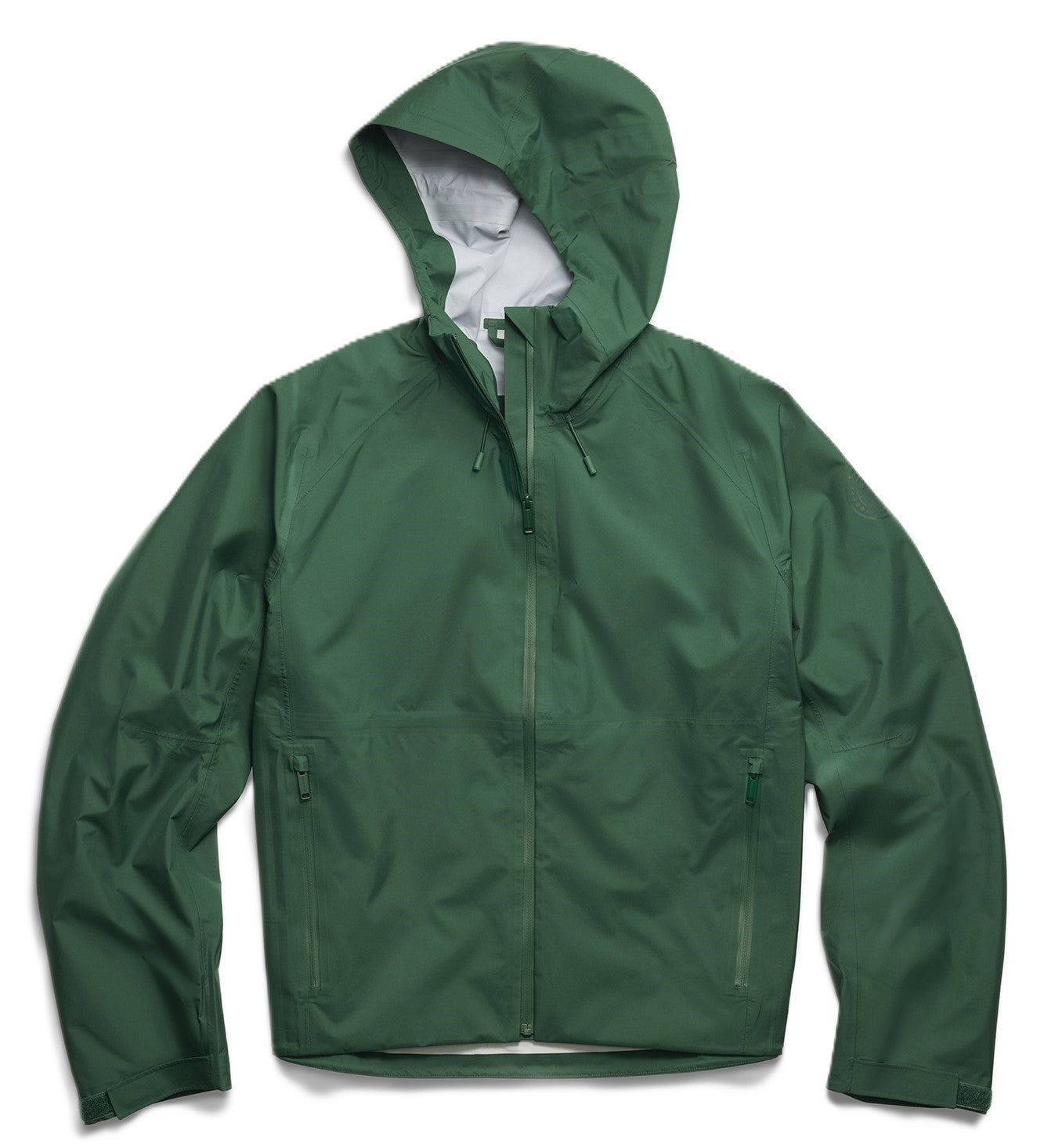 Green hooded rain jacket with zipper.