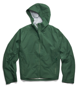 Green hooded rain jacket with zipper.