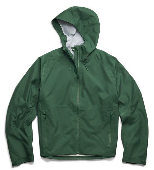 Green hooded rain jacket with zipper.
