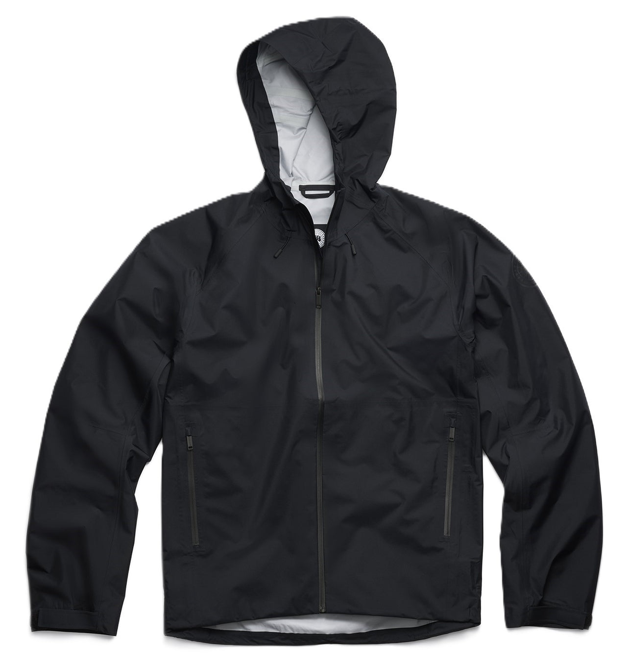 Black hooded rain jacket with a full zipper and two front pockets.