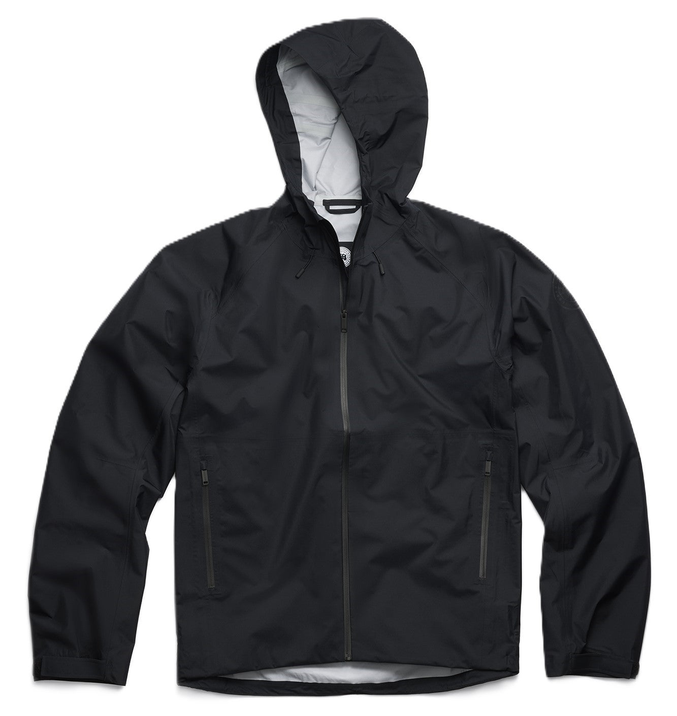 Black hooded rain jacket with a full zipper and two front pockets.