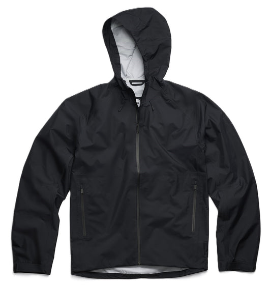 Black hooded rain jacket with a full zipper and two front pockets.