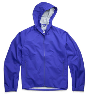A fully zipped, purple rain jacket with a hood.