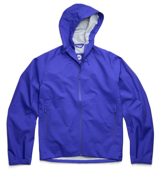 A fully zipped, purple rain jacket with a hood.