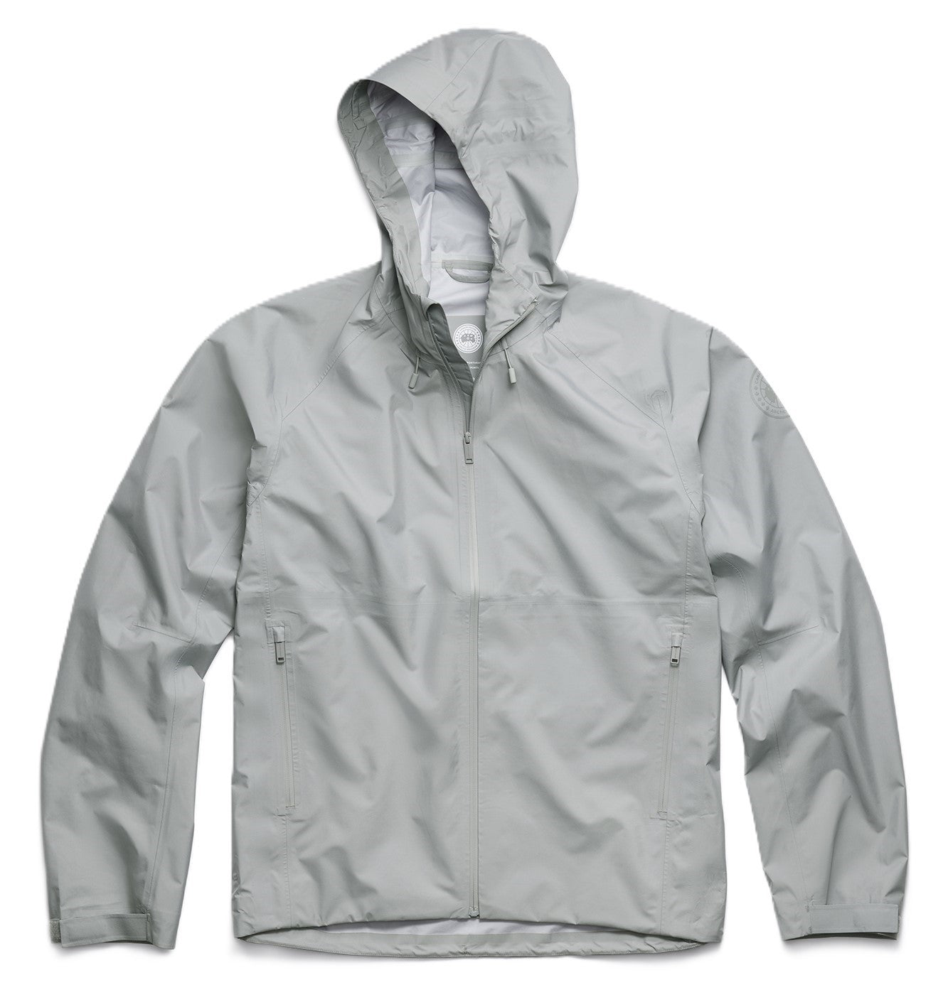Gray hooded rain jacket with a full front zipper and two zippered front pockets.