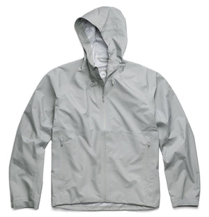 Gray hooded rain jacket with a full front zipper and two zippered front pockets.