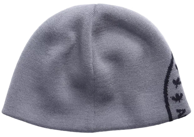 A gray knit beanie with a subtle black curved graphic on the side featuring small star-like shapes.